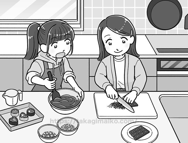 バレンタインデー用に手作りチョコを作る女子中学生のイラスト