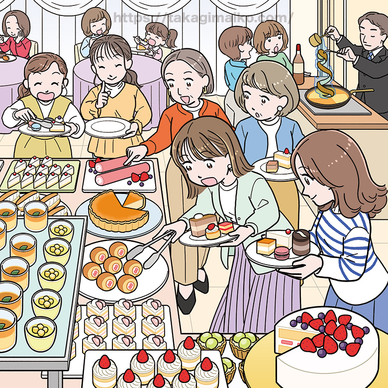 スイーツバイキングを楽しむ女性たちのまちがい探しイラスト
