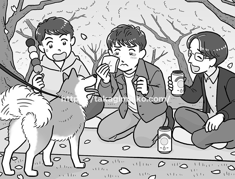 お花見を楽しむ男子大学生と柴犬のイラスト