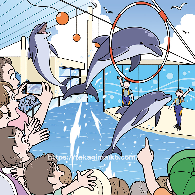 水族館イルカショーのまちがい探しイラスト