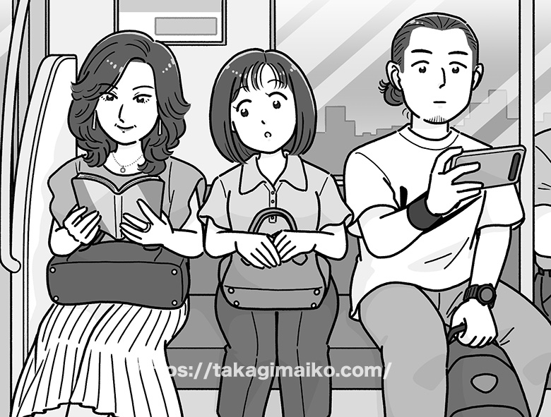 夜の帰宅時間の電車内イラスト
